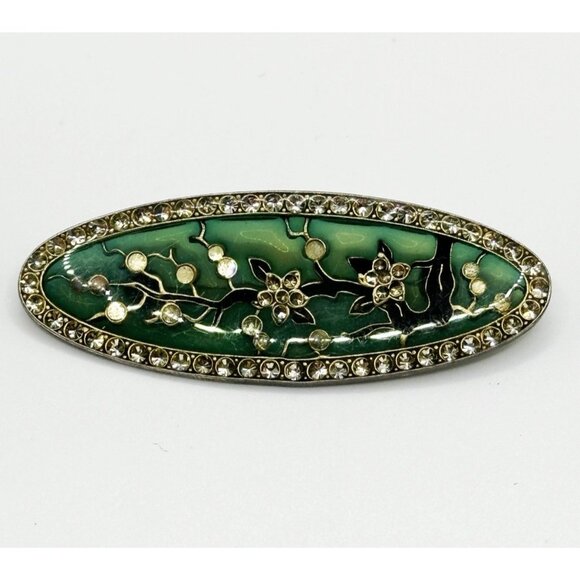 Art Deco Catherine Popesco STYLE Oval Pin Green W/ Rhinestones - Picture 1 of 2